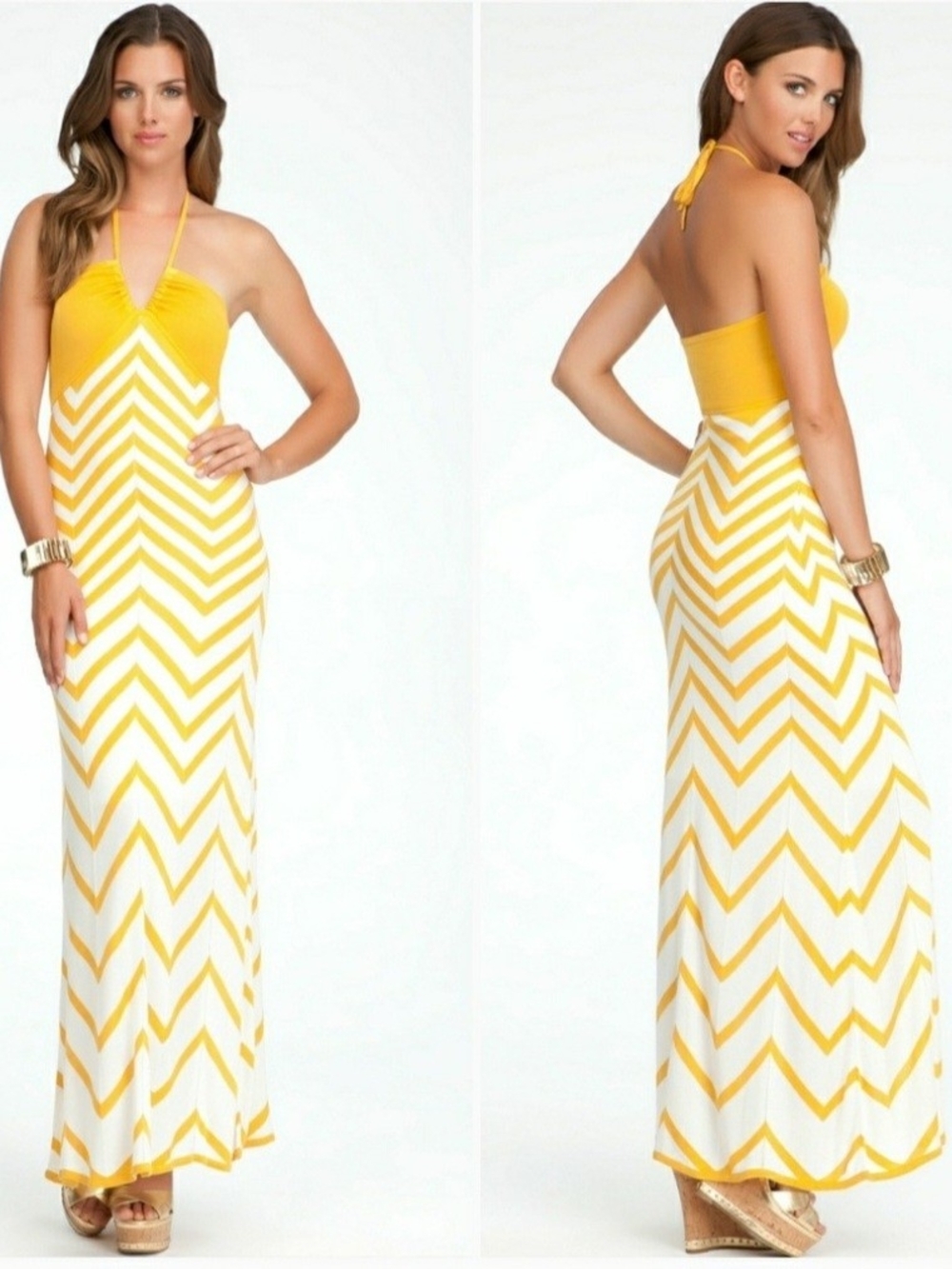 bebe Yellow and White Chevron Halter Maxi Dress